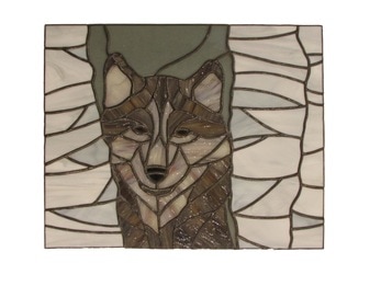 stained glass wolf in birch forest