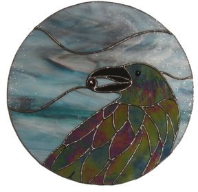 Iridescent raven with ruby quartz, blue