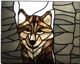 stained glass wolf in birch forest